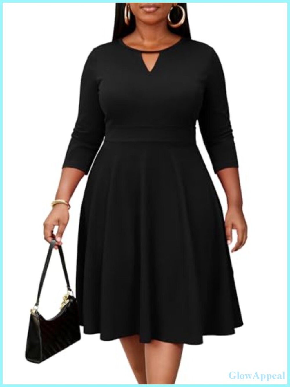 Plus Size Cocktail Dress 3/4 Sleeve Midi Crewneck A-Line with Pockets
